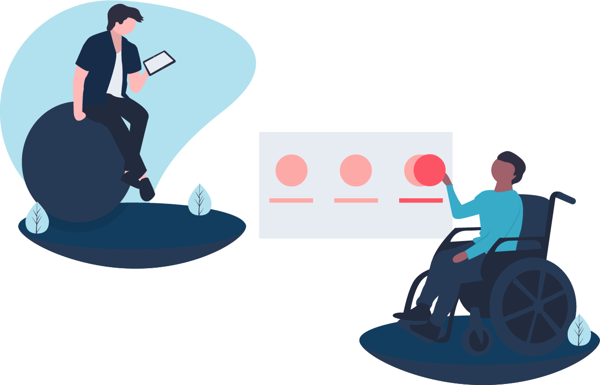 CampusQ Educational Services page illustration - man on exercise ball looking at document